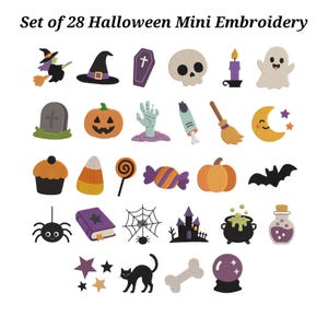 May include: A set of 28 Halloween mini embroidery patches featuring various icons including a witch, coffin, skull, ghost, pumpkin, tombstone, zombie hand, broom, moon, cupcake, candy corn, lollipop, bat, spider, book, web, castle, cauldron, and cat.