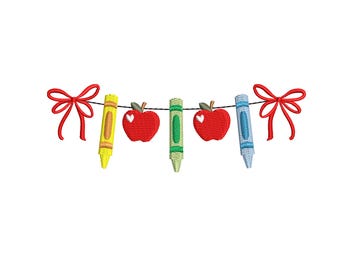 Stickmuster für den Schulanfang | Apfelbanner mit Buntstiftmotiv | Sofort-Download für Lehrerzimmer