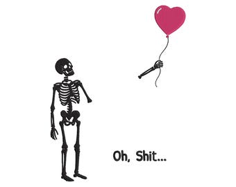 Lustiges Skelett-Stickmuster | Oh Scheiße, roter Ballon | Halloween-Dekor-Stickdatei
