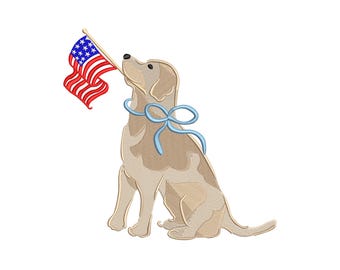 May include: Embroidered design featuring a Golden Retriever holding a small American flag in its mouth. The dog has a light blue bow around its neck. The text "Patriotic Golden Retriever Embroidery" is at the top.
