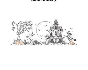 Halloween-Stickvorlage „Spukhaus“ | Vintage-Halloween-Szene im Spukhaus-Stil (Stickdatei) | Gruselsaison