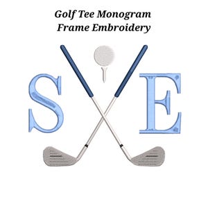 Könnte beinhalten: Weißer Hintergrund mit dem Text "Golf Tee Monogram Frame Embroidery". Das Bild zeigt zwei gekreuzte Golfschläger mit blauen Griffen, einen Golfball und die Buchstaben "S" und "E" in Hellblau.