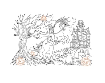 Halloween-Stickvorlage: Kopfloser Reiter | Gotische Linienkunst | Maschinenstickdatei | Gruselsaison