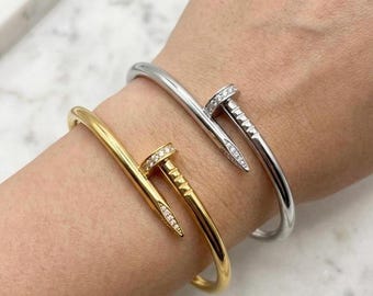 Cubic Zirconia Nail Bangle Bracelet • Stainless Steel Just A Nail Bracelet • Minimalist Stackable Bangle • Gold and Silver Waterproof Jewelr