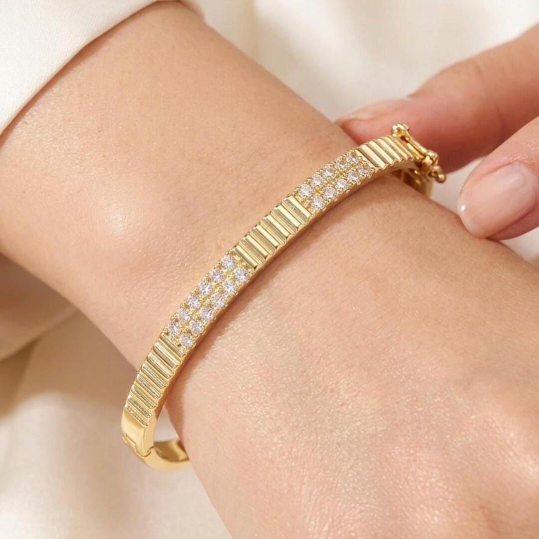 18kt Gold Plated Ribbed Pavé Bangle – Textured Sparkle Bracelet ...