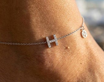 Gold Plated Initial H Bracelet, Crystal Pave Charm, Quiet Luxury Jewelry, Adjustable Chain