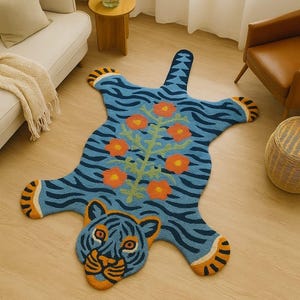 Handgetufteter Tigerteppich - Handgefertigter Wollteppich, Einzigartiger Teppich in Tierform, Modernes Blumenmuster Tiger, Wohnzimmer Statement Teppich, CustomSize