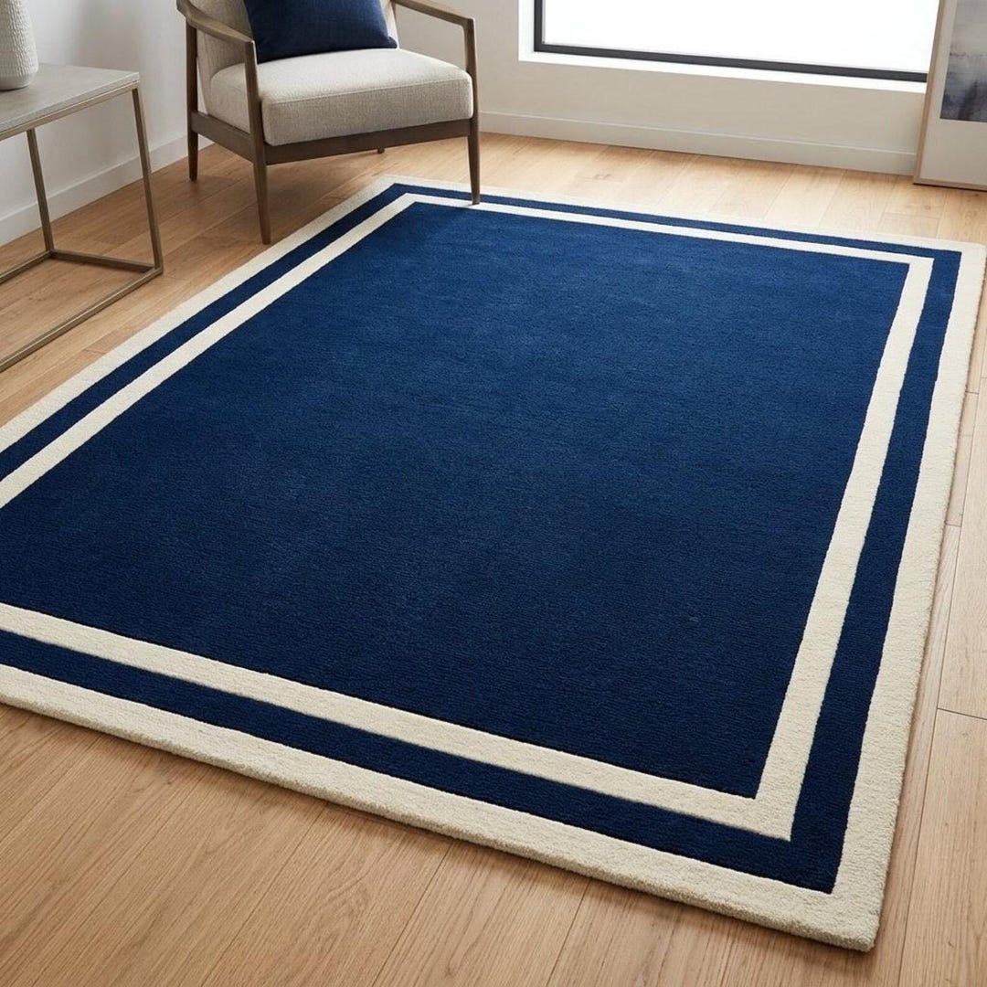 Blue Bordered Rug Blue Border Rug 5x7, Handmade Area Rug, Minimalist Boho Rug, Vintage ...