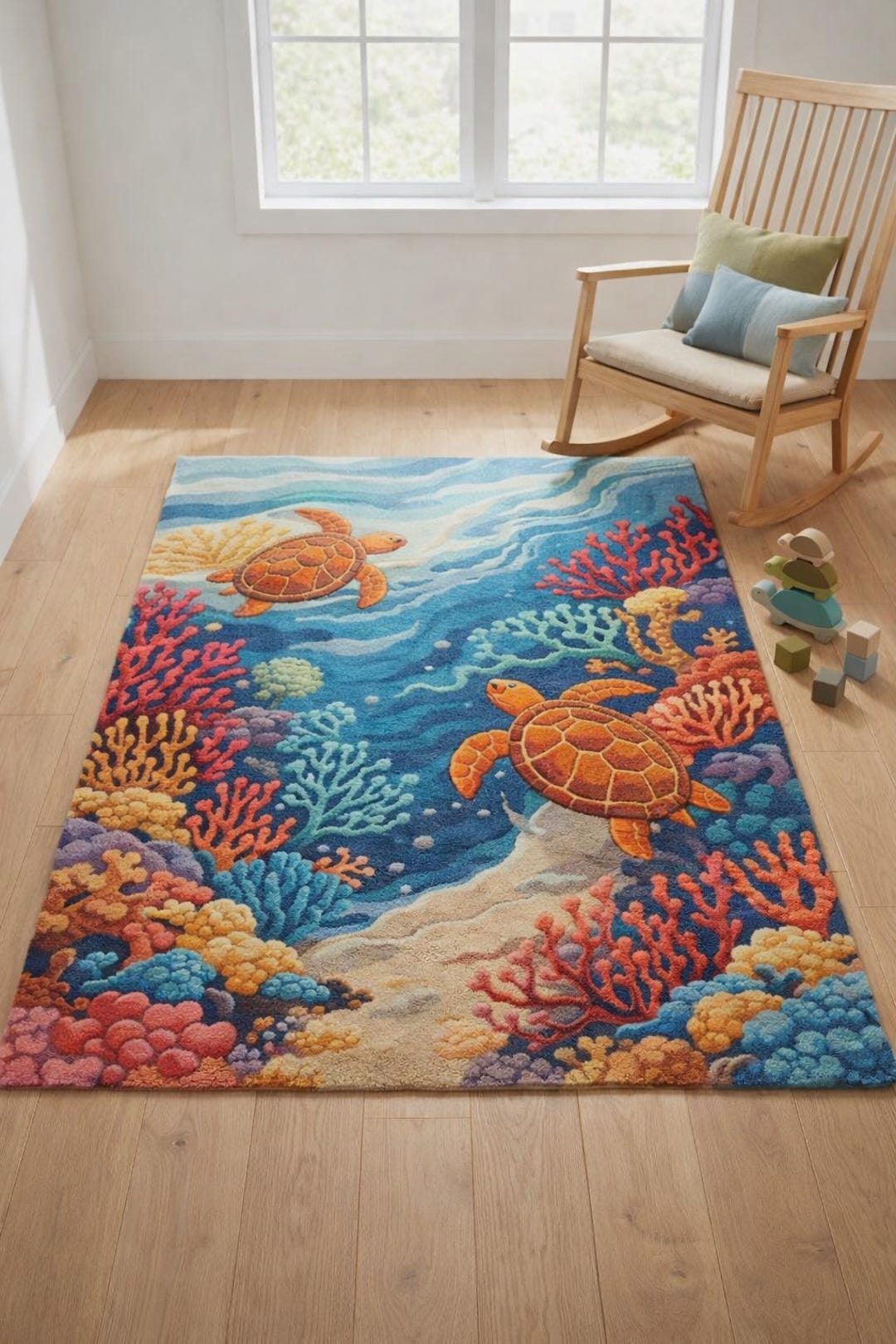 Hand Tufted Wool Ocean Rug – Handmade Turtle Coral Reef Area Rug, Kids ...