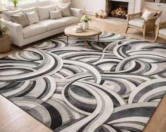 Modern Abstract Area Rug, Grey Black Swirl Carpet, Contemporary Living Room Rug, Large Neutral Floor Rug, Minimalist Home Decor Carpet, Soft