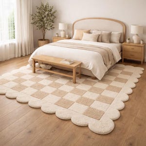 Alfombra bohemia a cuadros de 3 x 5 pies, alfombra de lana tejida a mano, alfombra beige con borde festoneado estilo Oushak vintage para sala de estar.