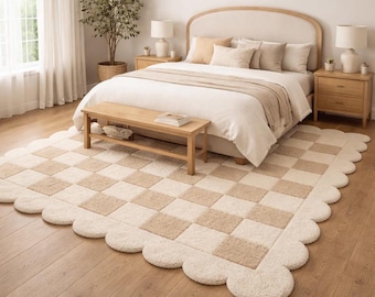 Alfombra bohemia a cuadros de 3 x 5 pies, alfombra de lana tejida a mano, alfombra beige con borde festoneado estilo Oushak vintage para sala de estar.