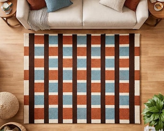 Alfombra geométrica bohemia de 1,5 x 2,1 m, hecha a mano con lana y mechones, alfombra vintage estilo Oushak a rayas y cuadros para la decoración de la sala de estar.