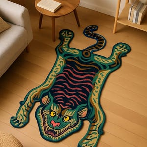 Handgetufteter Katzenteppich - Handgefertigter Teppich aus Wolle, Funky Tierform Teppich, Abstraktes Grünes Katzendesign, Statement-Teppich für Wohnzimmer, Custom Si