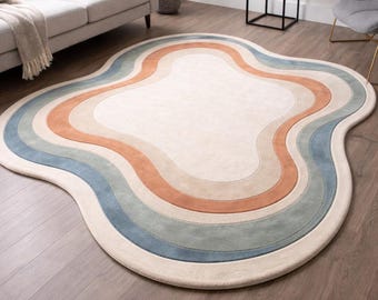 Boho abstract wollen tapijt 3 x 5 ft, handgemaakt getuft tapijt, organische vorm modern tapijt, beigeblauw tapijt in Oushak-stijl voor woonkamer, slaapkamer