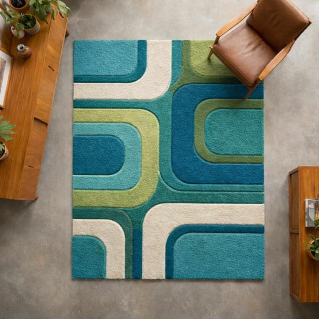70s Rug Patterns Hand Tufted Wool Rug, 70s Curve Pattern, Teal Lime Green, Mid-century ...