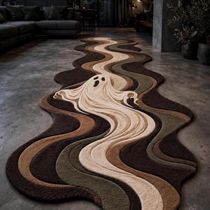 May include: A long, irregularly shaped area rug featuring a flowing, wavy design in shades of cream, tan, olive green, and dark brown. The center of the rug displays a raised, textured ghost figure with two dark eye holes and an open mouth.