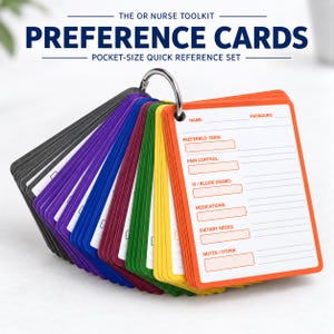May include: A set of multi-colored pocket-size preference cards held together by a silver metal ring. The cards feature white surfaces with orange text and lines for recording information such as name, pronouns, pain control, and dietary needs.