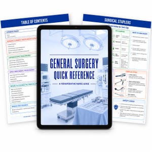 May include: A digital tablet displaying a General Surgery Quick Reference guide for perioperative nurses, flanked by two printed pages detailing a table of contents and surgical stapler overview with diagrams and safety checklists.
