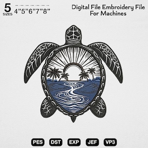 Puede incluir: Diseño de bordado en blanco y negro de una tortuga marina con una escena tropical dentro de su caparazón. El diseño incluye palmeras, una puesta de sol y un río sinuoso. Disponible en 5 tamaños, de 10,16 cm a 20,32 cm.