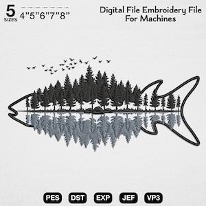 Desenho de bordado de paisagem florestal com pesca, arquivo de bordado à máquina com silhueta de truta, padrão de lago refletido, arte para o Dia dos Pais para amantes da natureza.