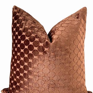 May include: A brown decorative cushion with a textured fabric. One side features a pattern of large, dark brown circles, transitioning to a lighter brown, circular pattern on the other. The cushion has a soft, velvet-like appearance, suitable for a sofa or bed.