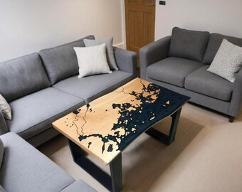 Handmade Oak & Epoxy Coffee Table – Helsinki Map, Live Edge