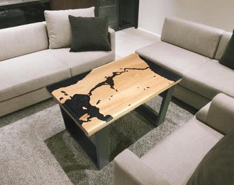 Handmade Live Edge Oak Coffee Table - River Epoxy Resin, Scandinavian Design
