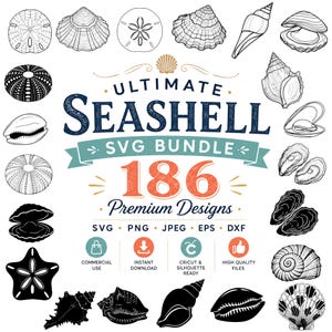 May include: A digital graphic collection titled ULTIMATE SEASHELL SVG BUNDLE 186 Premium Designs. The image features various black and white line art and silhouette illustrations of seashells, sand dollars, and starfish arranged around the text.