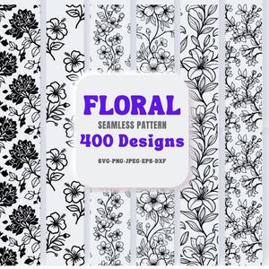 May include: A collection of black and white floral seamless patterns. The image includes various floral designs, such as hibiscus, lilies, and other stylized flowers. A central graphic reads "FLORAL SEAMLESS PATTERN 400 Designs" with file type options.