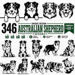 Peut inclure: Une collection numérique de 346 illustrations de chiens Berger Australien en noir et blanc aux formats SVG, PNG, DXF et EPS. L'ensemble graphique présente diverses poses, notamment assis, courant et portraits, avec des étiquettes de fichiers.