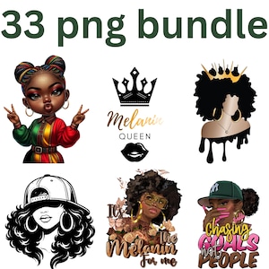 Op de afbeelding: Een digitaal pakket van 33 PNG-afbeeldingen met illustraties van zwarte personen met diverse kapsels, kronen en tekst waaronder Melanin Queen, It's the Melanin for me en Chasing goals not people, gepresenteerd in verschillende stijlen.