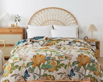 Boho Patchwork Decke aus Baumwollgaze | Leichter, atmungsaktiver Sommerbettüberwurf