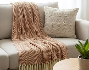Baumwolle Fischgrätenmuster Decke mit Quasten, Boho Wohnzimmer Sofa Dekor
