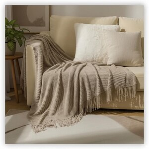 May include: A beige sofa with a waffle-knit throw blanket and two pillows. The throw has a fringe along the bottom edge. One pillow is a fluffy white material, and the other is a solid beige color. A small side table with a plant is visible.