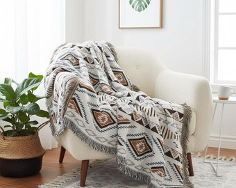 Southwestern Woven Throw Blanket, Boho Fringe Sofa Blanket, Geometric Couch Throw, Farmhouse Living Room Decor, Soft Woven Blanket