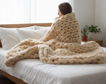Grobstrick Merino Wolldecke - Weicher übergroßer Überwurf, gemütliches Wohndekor, mehrere Größen und Farben