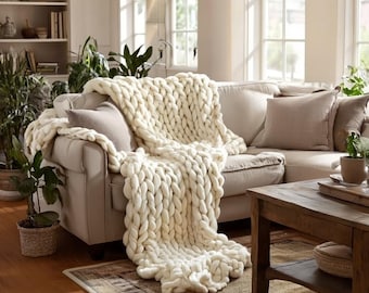 Chunky Knit Merino Wool Blanket – Handmade Oversized Knit Throw for Home Decor