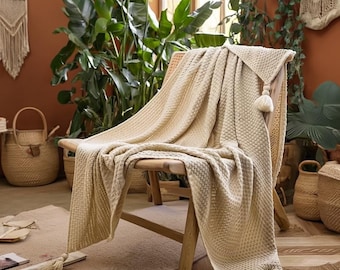 Boho Quaste Decke Handgewebte Strickdecke Weiche, gemütliche Sofadecke für Wohnzimmer & Bett