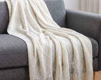Diamant gestrickte Fransen Decke - Neutral Boho Couch Cover