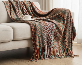 Boho Chevron Fleece-Decke mit Fransen - Weiches Zickzack-Design für Sofa oder Bett
