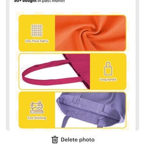 May include: Image features an orange fabric sample and a purple tote bag with long handles. The bag is made of 12oz thick fabric and has fine stitching. The image also includes text that says "Long handle" and "Fine Stitching".