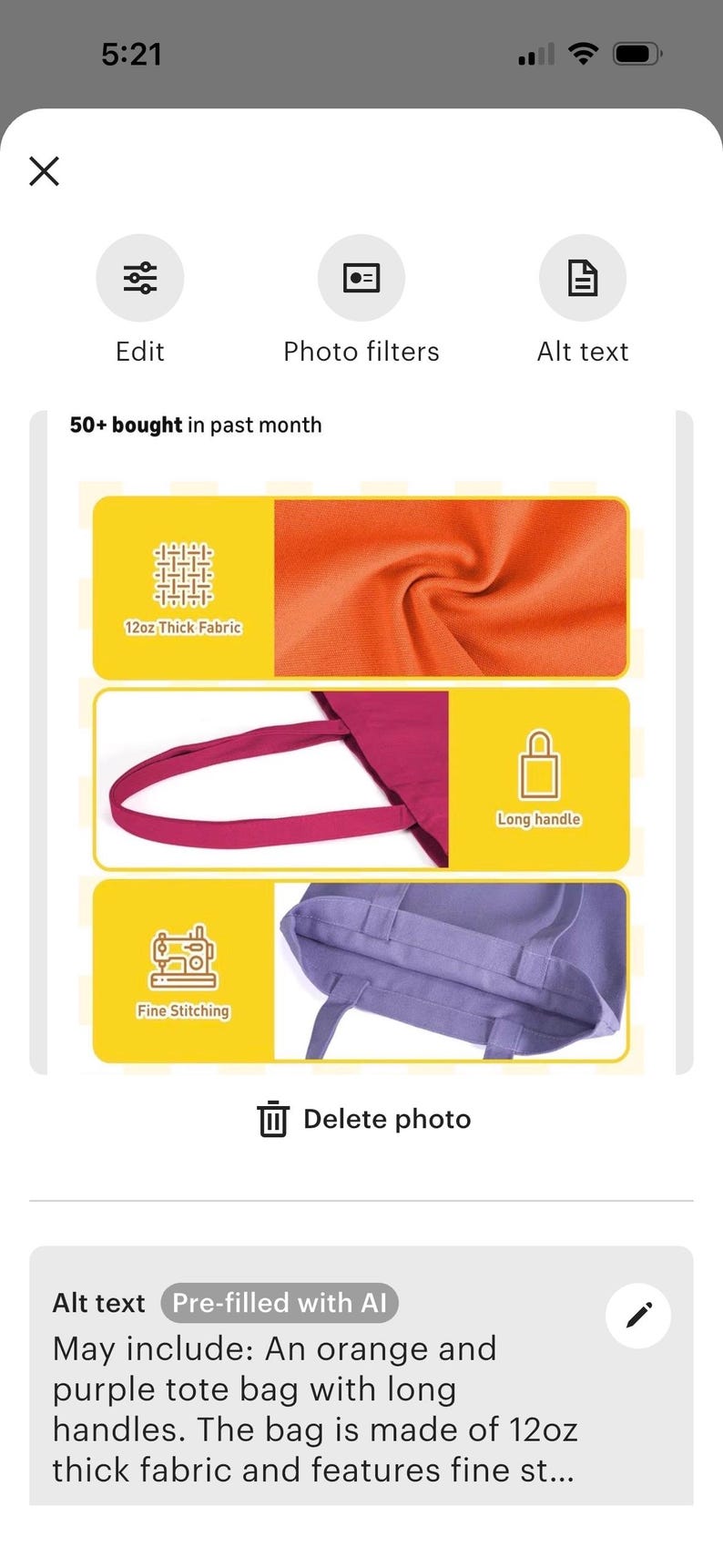 May include: Image features an orange fabric sample and a purple tote bag with long handles. The bag is made of 12oz thick fabric and has fine stitching. The image also includes text that says "Long handle" and "Fine Stitching".
