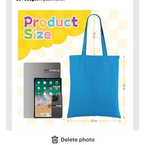 May include: A bright blue tote bag with dimensions displayed. The bag is 15 inches high, 13 inches wide, and the handle is 10 inches. The image also shows a laptop, a tablet, and a phone.