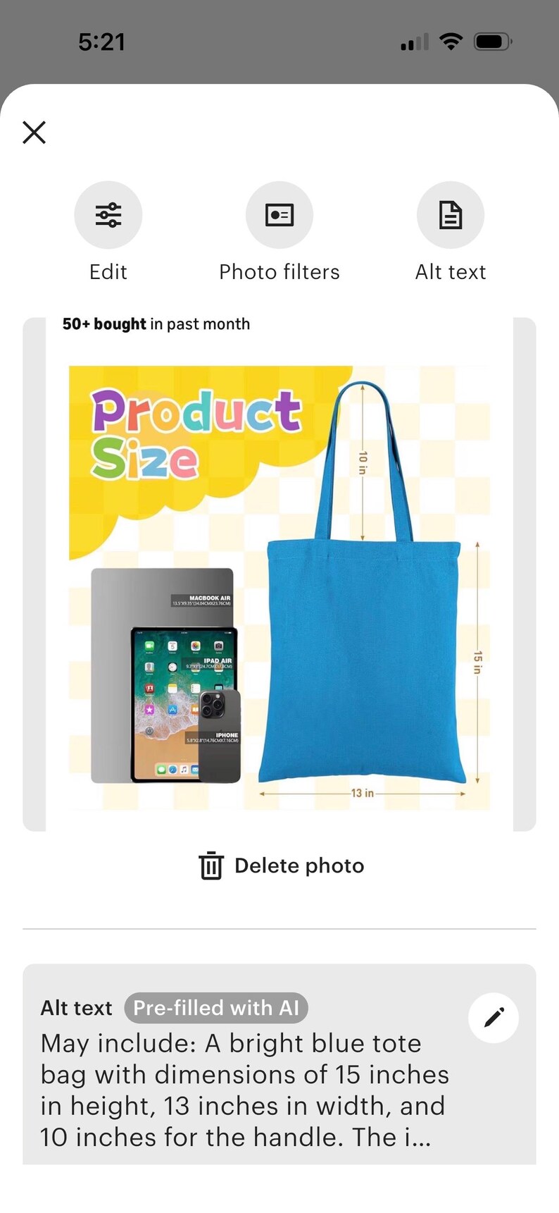 May include: A bright blue tote bag with dimensions displayed. The bag is 15 inches high, 13 inches wide, and the handle is 10 inches. The image also shows a laptop, a tablet, and a phone.