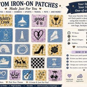 May include: A collection of custom iron-on patches featuring various designs, including text like Schitt's Creek, Moira, Ew David, and Fold In The Cheese, alongside icons such as butterflies, hearts, flowers, and stars on patterned fabric backgrounds.
