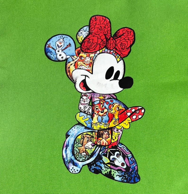 May include: A colorful Minnie Mouse illustration on a green background. Minnie Mouse is depicted with a red bow and a black nose. The illustration is filled with images of Disney characters, including Olaf, Chip and Dale, and characters from The Lion King.