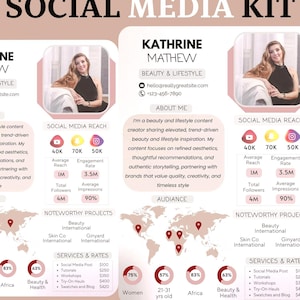 May include: A social media kit template with a light brown and white design. The kit includes information about a beauty and lifestyle content creator, including social media reach, noteworthy projects, and services.