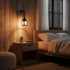 May include: A cozy bedroom scene with a wooden accent wall and a bed with white bedding. A small side table holds a plant and books, illuminated by a hanging lantern. A round ottoman sits in the foreground.