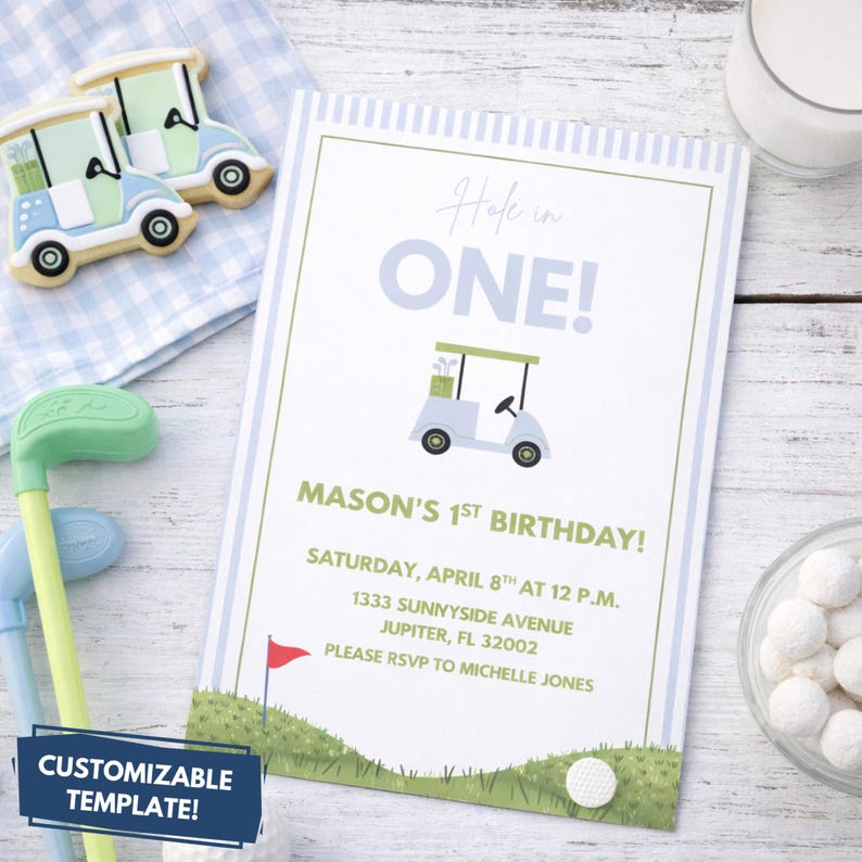Hole in One Birthday Invitation Golf Theme, Editable Canva Template